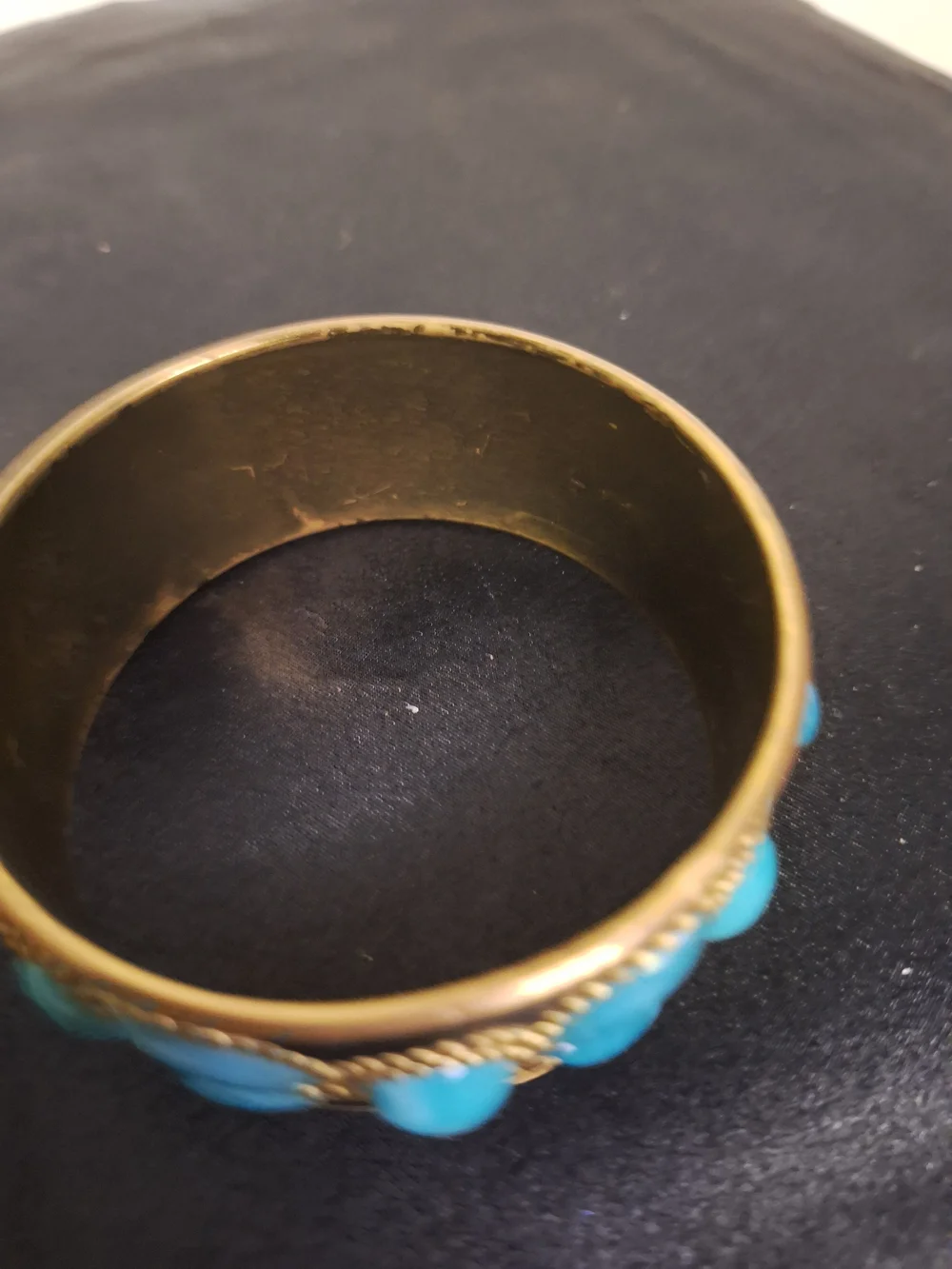 Brass Bangle Bracelet with Bright Turquoise Cabochons